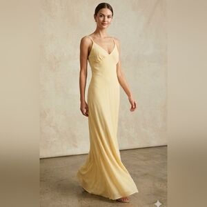WEDDING Butter Yellow Flowy Sheer Chiffon V-Neck Maxi Slip Dress - Size M